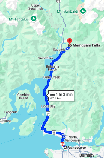 Map from Vancouver to Mamquam Falls Trail