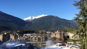 A panoramic view of Whistler Village, surrounded by snow-covered buildings and mountain peaks in the background. The village is bustling with activity, as snow blankets the rooftops, and clear blue skies stretch above the snowy landscape.
