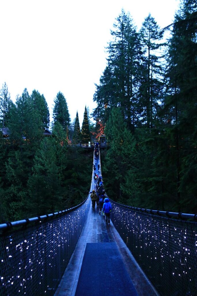 People bundled in jackets cross the Capilano Suspension Bridge lit with small white twinkle lights, surrounded by tall evergreens in the fading daylight. A stroll through this forest canopy is a cozy and magical November activity, especially as the early evening sets in.

