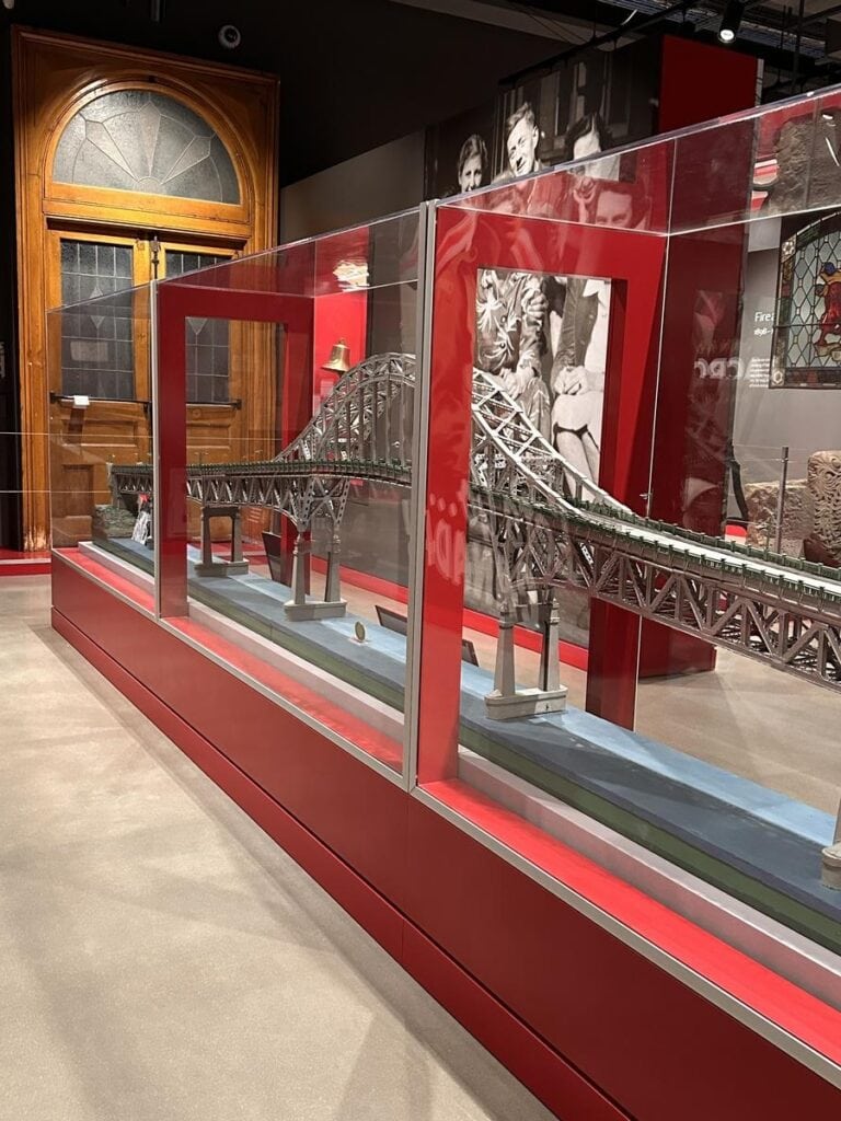 Exhibit inside the New Westminster Museum featuring a detailed model of the Pattullo Bridge, one of Metro Vancouver&rsquo;s key crossings&mdash;ideal for travelers learning about local transportation history before driving in Vancouver.