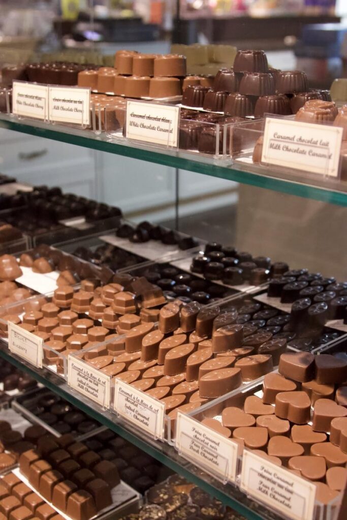 Rows of assorted chocolates&mdash;milk, dark, and white&mdash;are neatly displayed behind glass, each labeled with flavors like &ldquo;Salted Caramel&rdquo; and &ldquo;Blueberry.&rdquo; The setting suggests a gourmet chocolatier in Quebec.