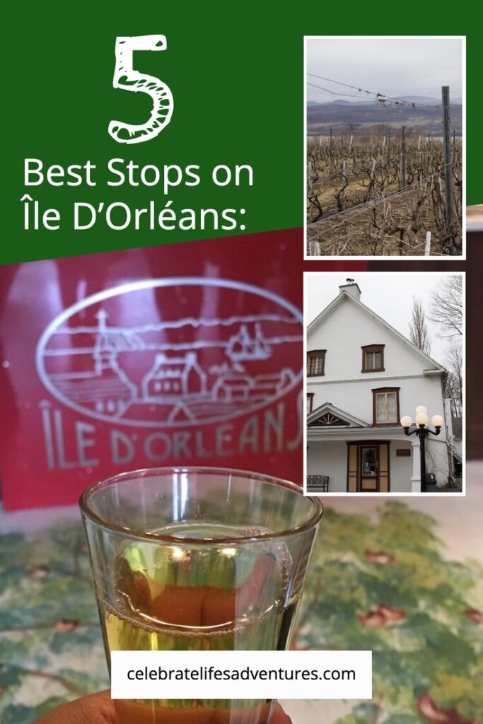 Collage pin featuring a vineyard, historic white house, and a glass of cider with the &Icirc;le D'Orl&eacute;ans logo, promoting top travel stops on the island.
