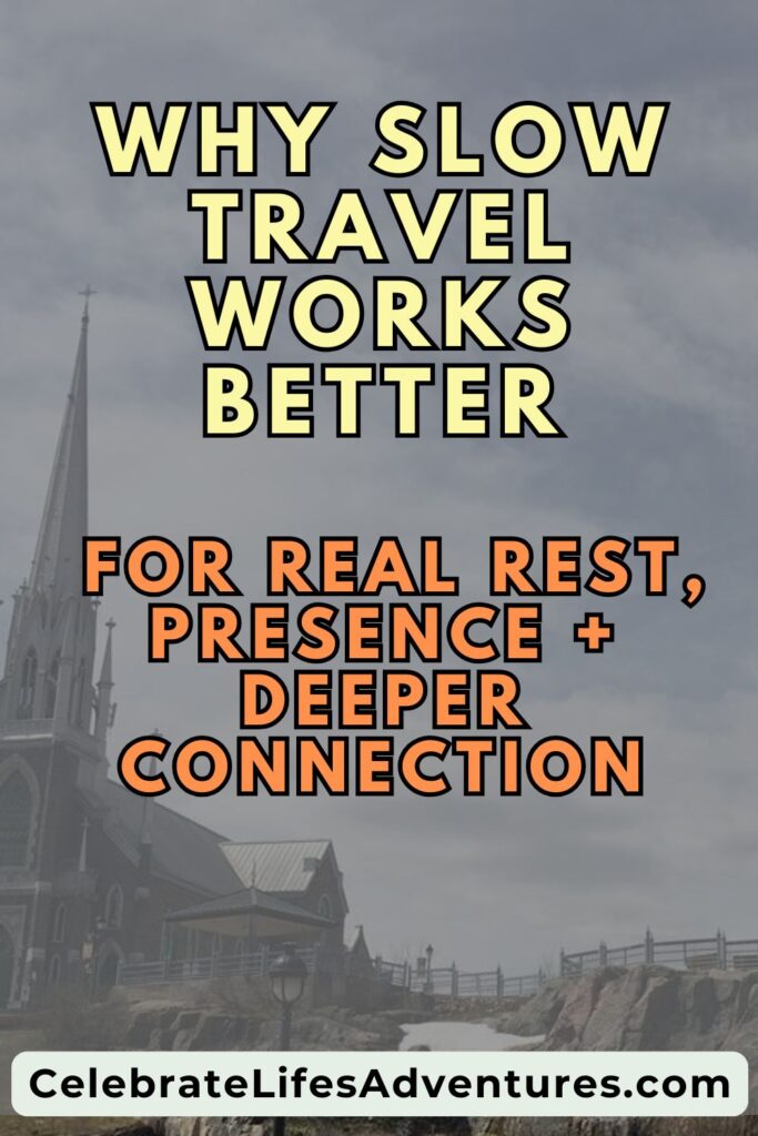 A historic grey church with a tall spire stands beneath a cloudy sky. This image reinforces the idea of slowing down to appreciate meaningful architecture, culture, and stillness while travelling.