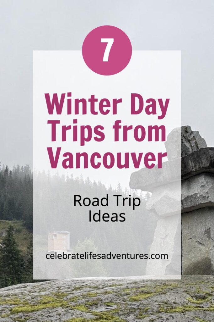 Winter scene with an Inukshuk stone statue and snow-dusted mountains, highlighting road trip ideas near Vancouver, Canada.