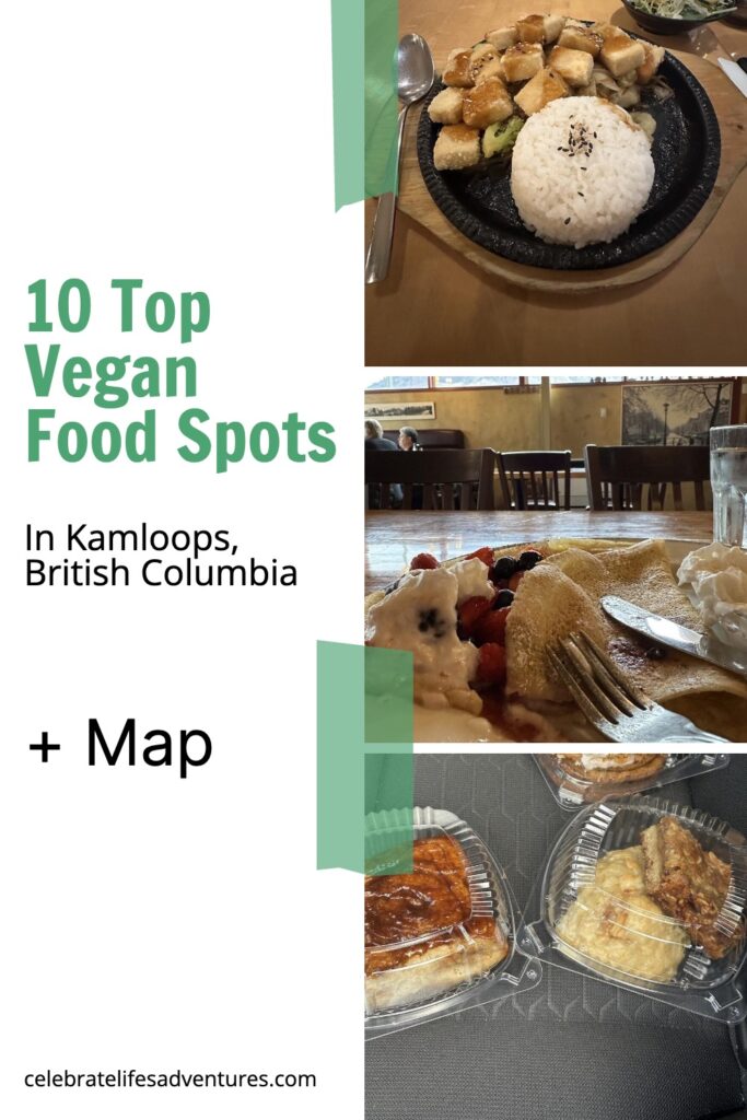 Three vegan meals are stacked vertically: a tofu and rice bowl, crepes with berries, and a selection of baked goods in compostable plastic containers. These meals represent some of the top vegan food spots in Kamloops, BC, including sit-down cafés and grab-and-go bakery options.
