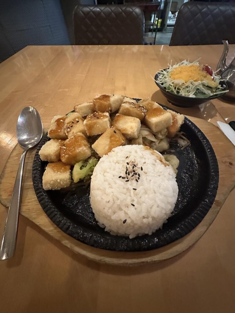 Close-up of a sizzling hot plate with crispy tofu cubes drizzled in teriyaki sauce, served with a mound of steamed rice and sautéed vegetables, with a side salad in the background.