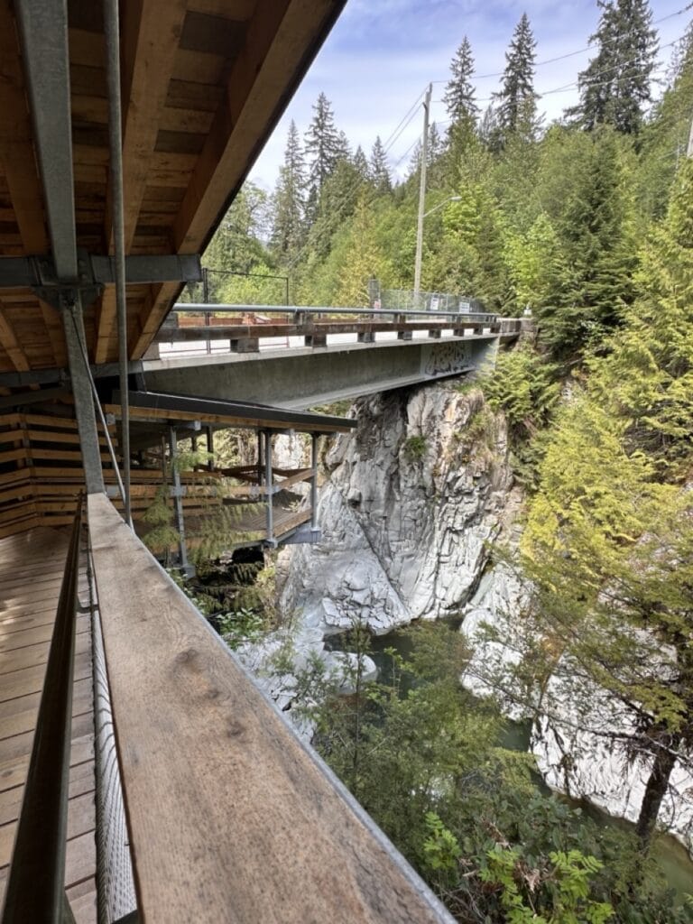 View of the Mamquam River canyon from the covered viewing platform at Squamish Canyon, Squamish BC, Canada. Photo by Tazim Damji.