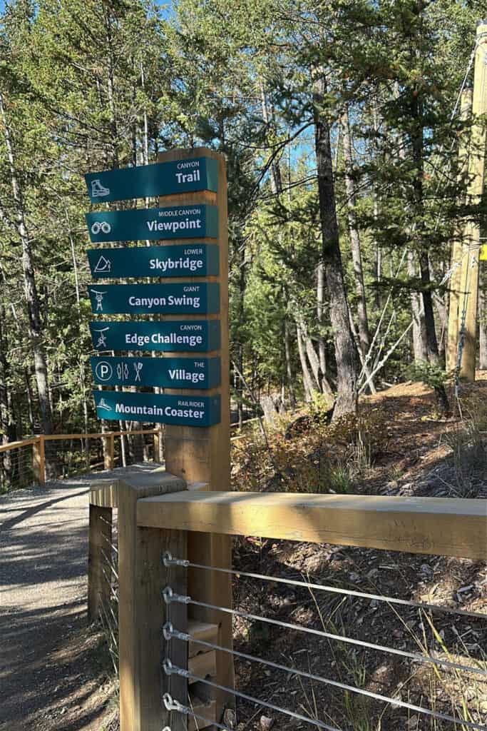 A wooden directional sign along a forested gravel trail at Golden Skybridge points towards the Canyon Trail, Middle Canyon Viewpoint, Lower Skybridge, Giant Canyon Swing, Canyon Edge Challenge, Village and Railrider Mountain Coaster. The marked routes help visitors navigate the attraction's activities and viewpoints.