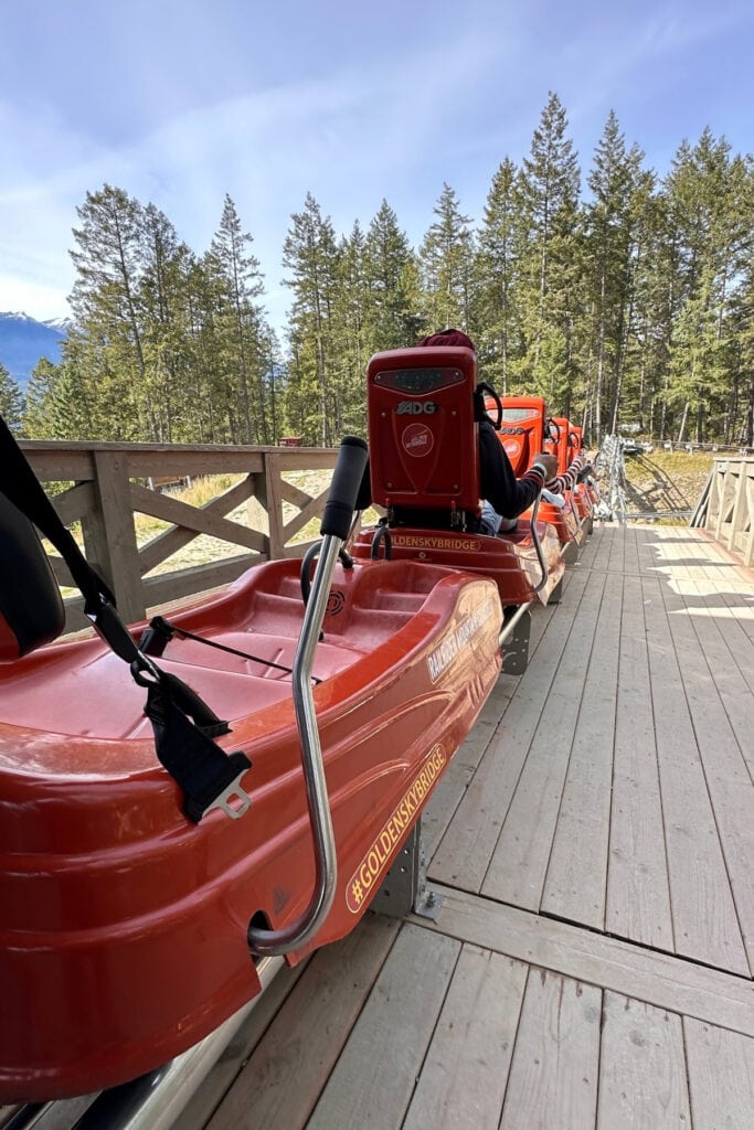 Railrider Mountain Coaster information board at Golden Skybridge, showing the winding track, elevation changes and route through the forest.