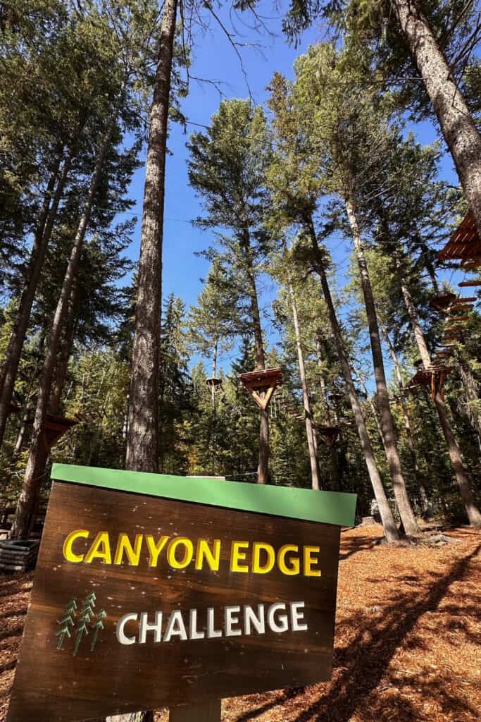 A wooden Canyon Edge Challenge sign stands beneath tall evergreen trees at Golden Skybridge, with elevated wooden platforms and suspended obstacles visible overhead. The treetop adventure course features obstacles set between platforms among the trees.