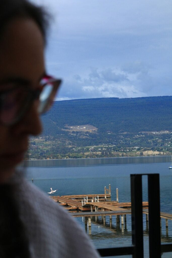 A blurred person wearing glasses sits in the foreground overlooking a calm blue lake and several wooden marina docks. Forested mountains and scattered homes line the opposite shore beneath a cloudy sky.